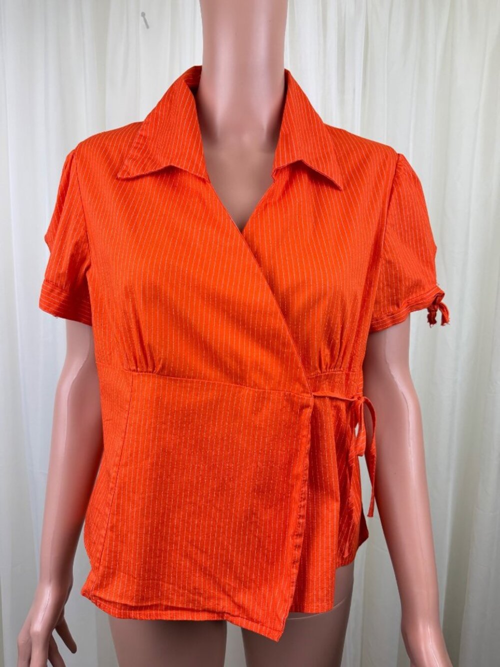 Women's Objex Pinstripe Short Sleeve Wrap Top Tie Waist Blouse Orange XL Y2K